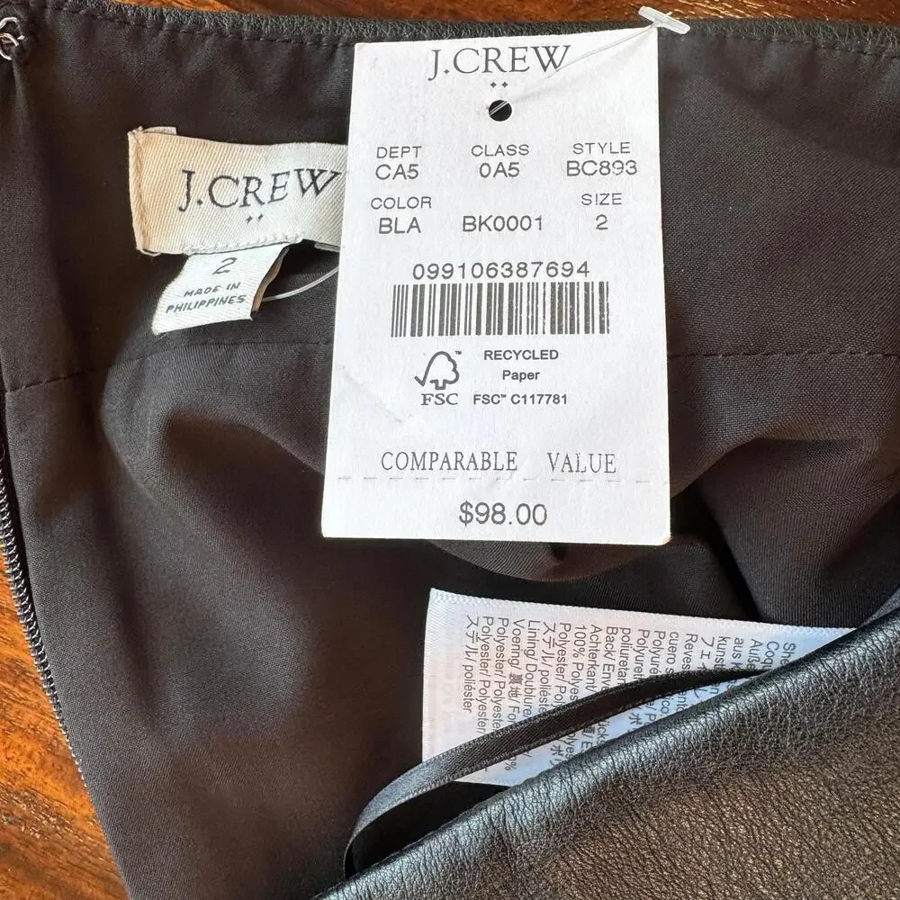 J Crew Black Faux Leather Mini Skirt Size 2 NWT
